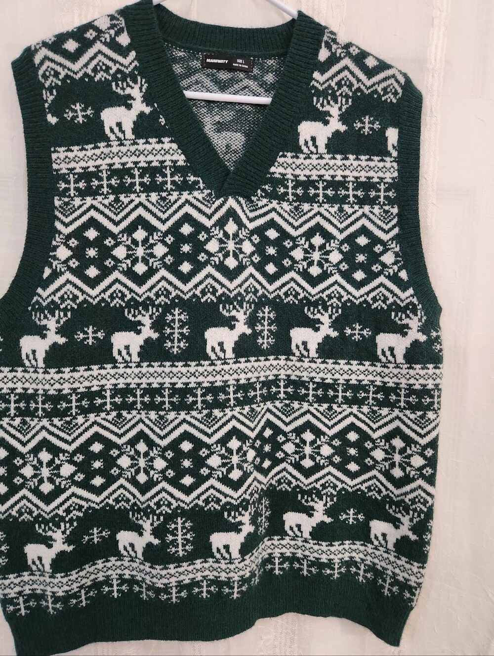 Holiday Green & White Reindeer Fair Isle V-Neck Sweater Vest